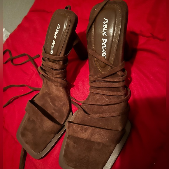 Public Desire L'amour Chocolate Immi Suede Square Toe Lace Up High Heels - US 10 - Picture 3 of 7